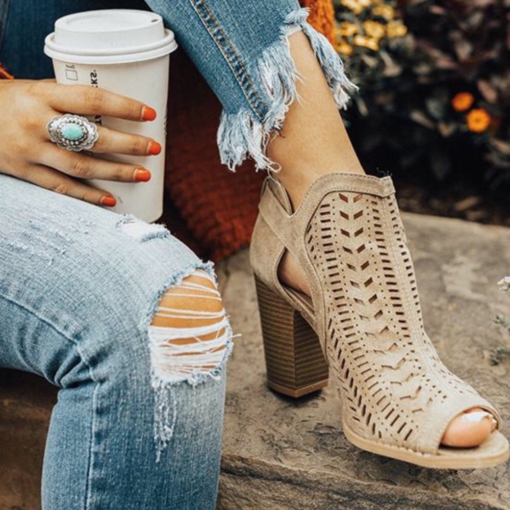 Taupe Open Toe Laser Cut Booties - Picture 3 of 6